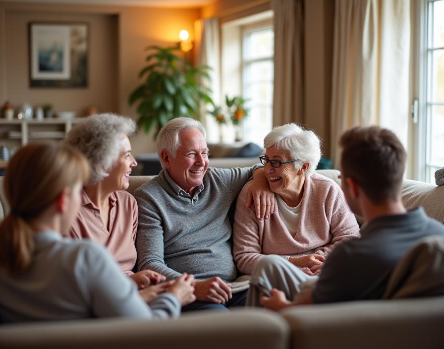 Multi-generational family enjoying time together in the comfortable lounge