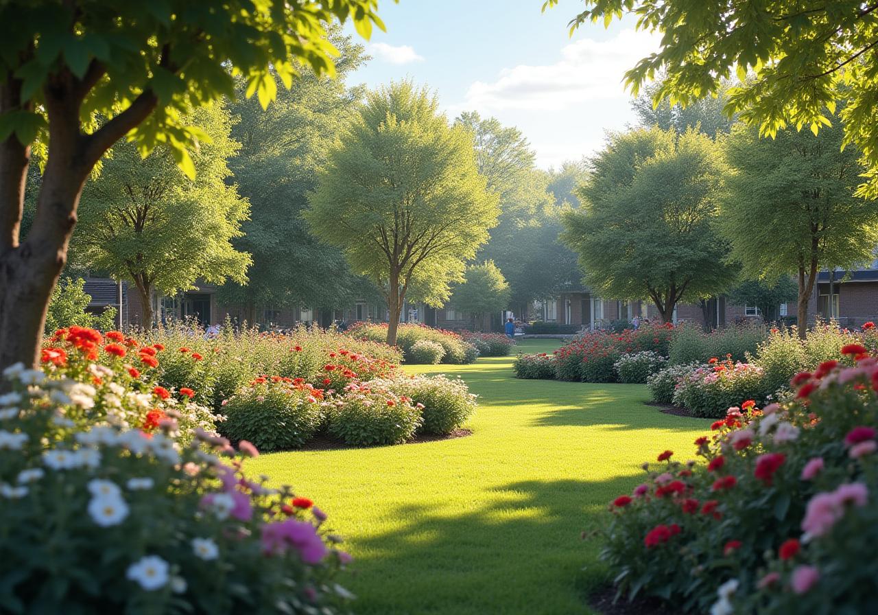 Peaceful senior living community garden with residents enjoying nature
