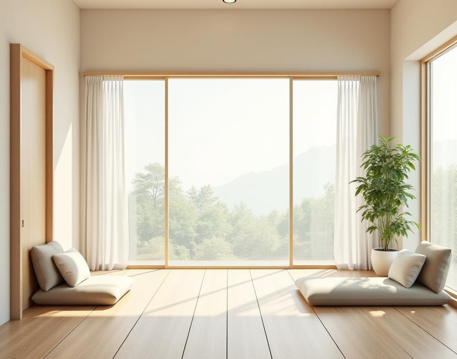 Serene Japanese-inspired senior living room with natural materials