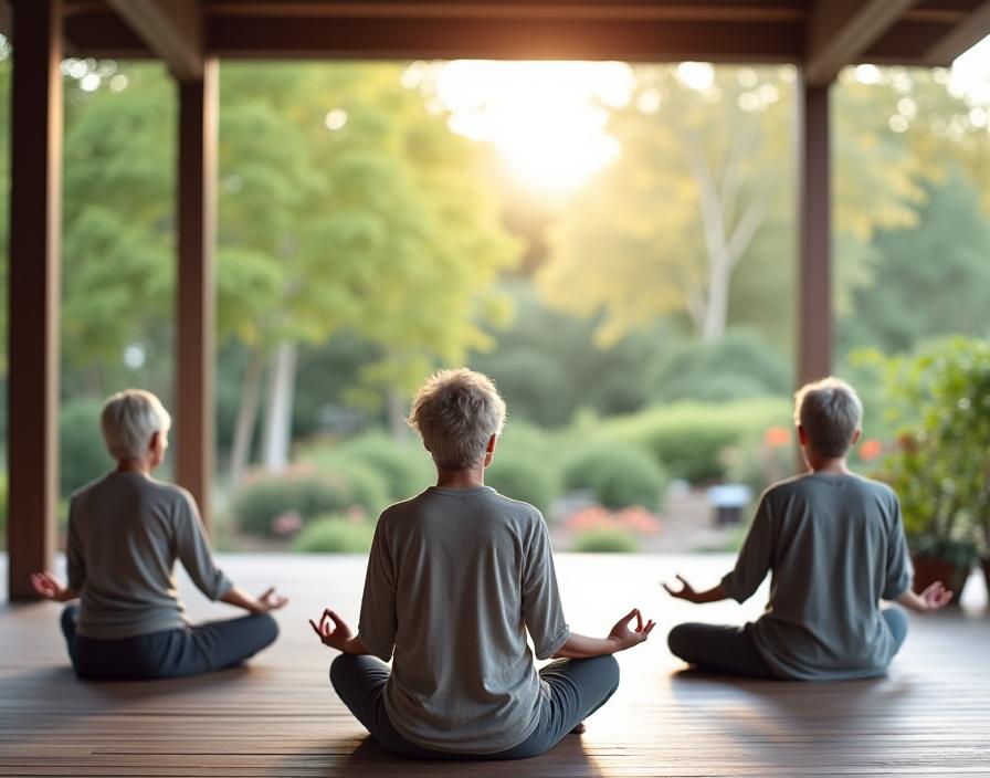 Morning meditation session in the peaceful outdoor pavilion