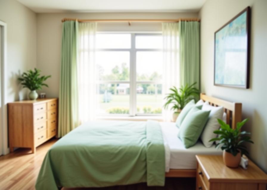 Peaceful bedroom with light wood and green accents