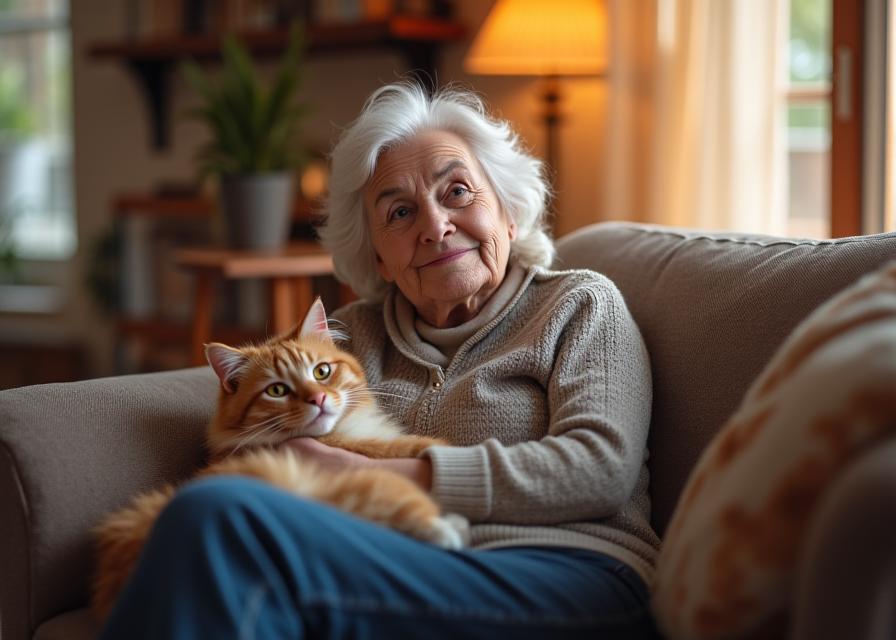 Resident with their pet cat in the comfortable living area