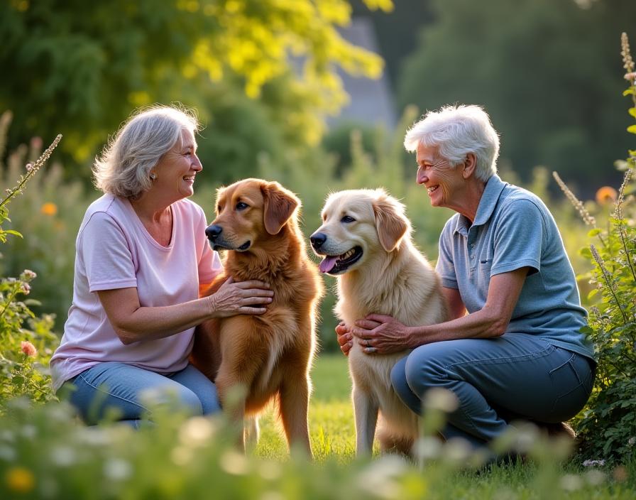 Senior residents enjoying time with therapy dogs in the community garden